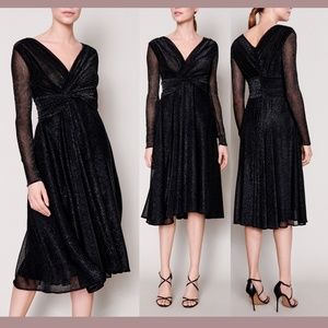 NWT $1650 TALBOT RUNHOF [ 16 ] Colson Metallic Twist-Front Midi‎ Dress Black
